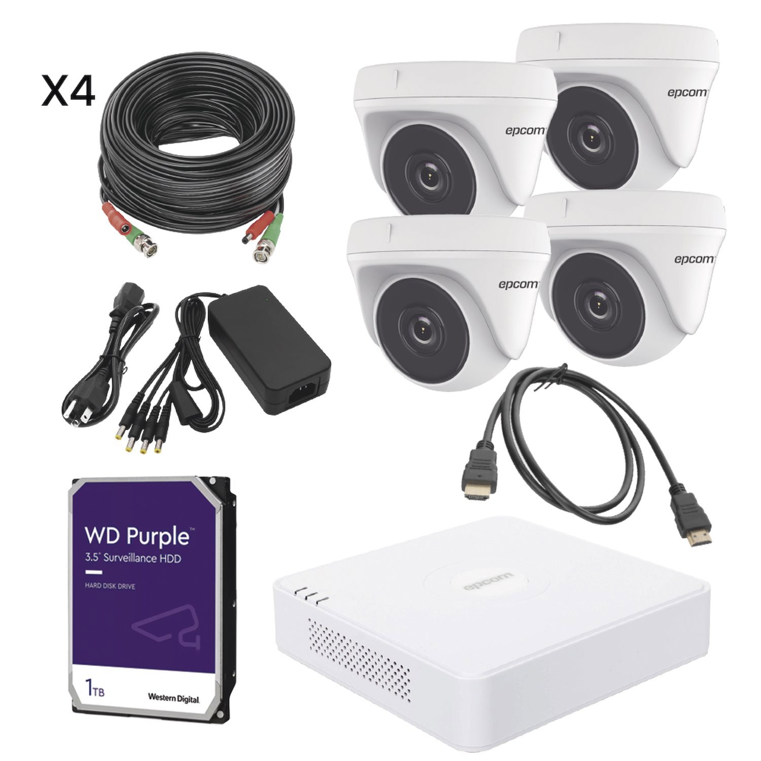 Epcom Kit TurboHD / 4 Eyeball Cameras 1080P / DVR 8 CH / 1TB HDD / Power Supply / Cables