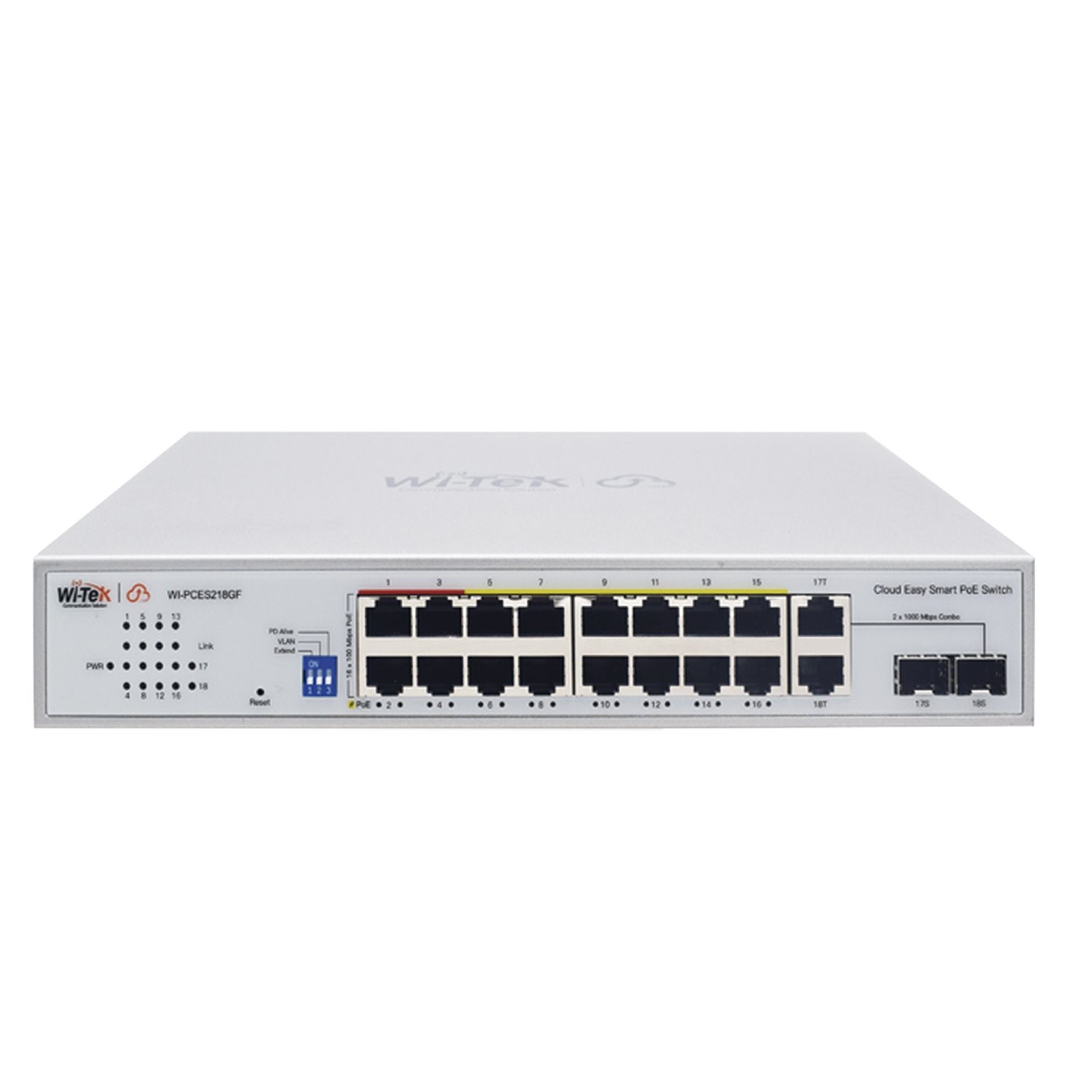Wi-Tek Cloud Easy Smart 250M PoE Switch, 16 X 10/100Mbps RJ45 PoE Ports, 2*1000Mbps Combo SFP, Port 1-4: 802.3Af/At/Bt, Port5-16: 802.3Af/At, Total PoE Power Budget Is 250W, Support Wi-Tek Cloud Manag