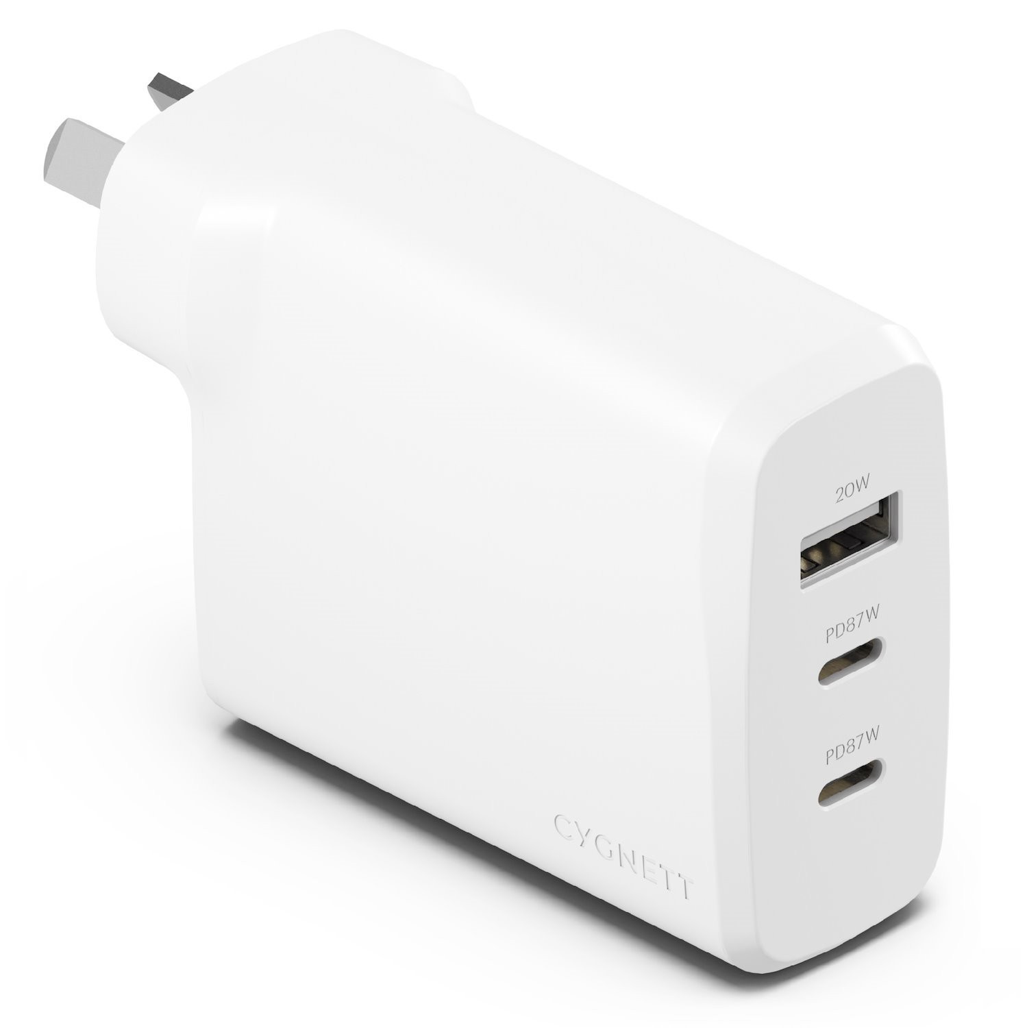 Cygnett LS Cygnett PowerPlus 87W Triple Port Fast GaN Wall Charger - White(CY4770PDWCH),2xUSB-C PPS (87W),1xUSB-A(20W),Charge 3X Devices,Compact,2 Years Warra