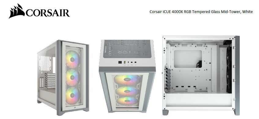 Corsair Carbide Series 4000X RGB E-Atx, Atx, Tempered Glass Front And Side. White,3X 120MM RGB Fans Pre-Installed. Usb 3.0 And Type-C X 1