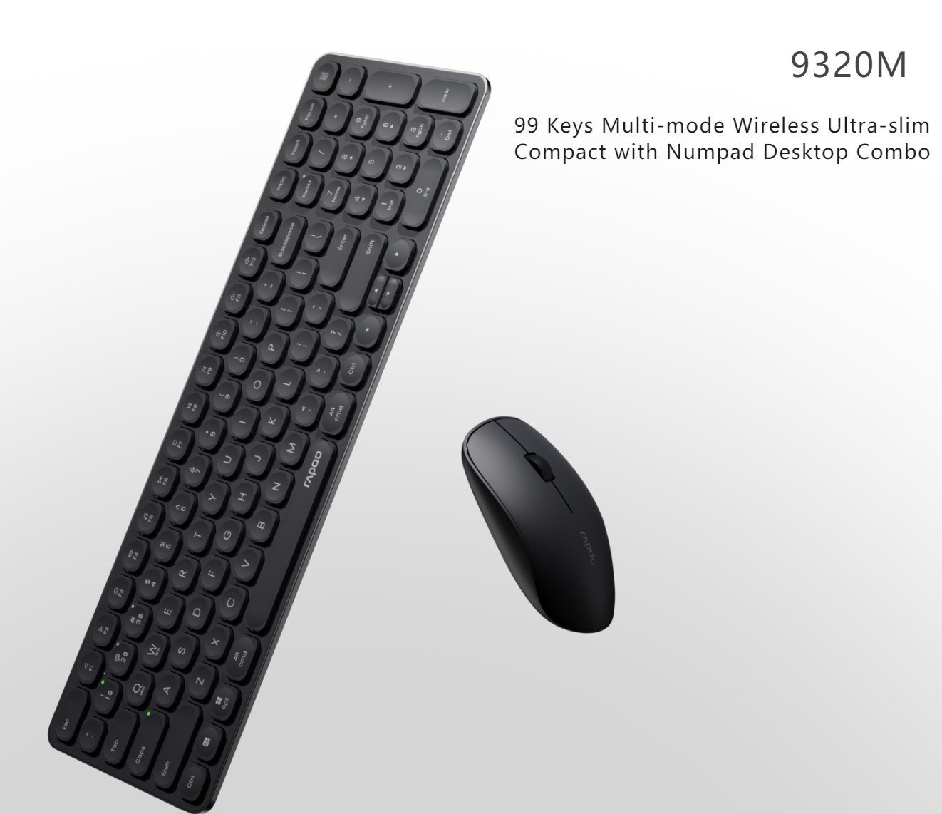 Rapoo 9320M Bluetooth 4.0, 5.0 + 2.4G Wireless Multi-Mode Keyboard Mouse Combo, Aluminum Base, 2400 Dpi, 10M Range, Compact Black Retail Pack