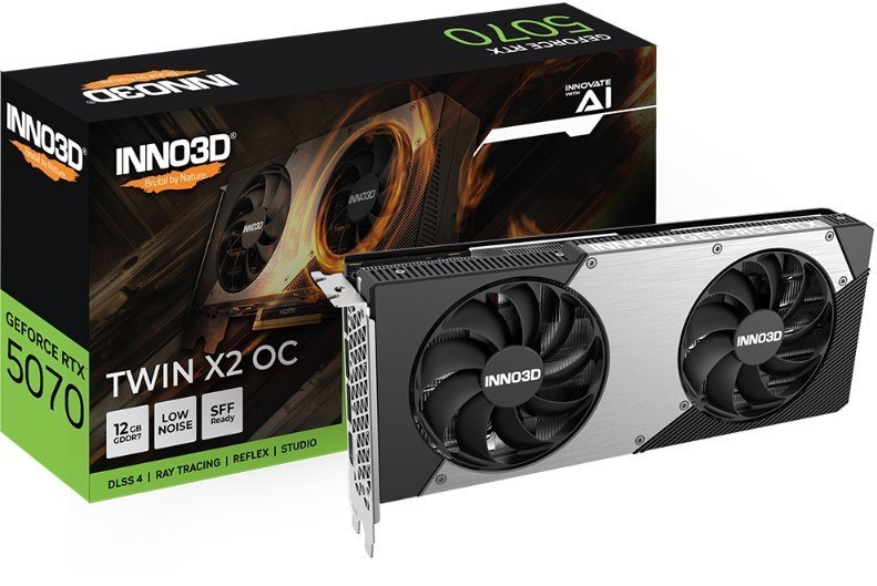 Inno3d nVidia GeForce RTX 5070 Twin X2 Oc 12GB GDDR7 2542 MHz Boost Clock, Ram 28 GBPS, 3X DP, 1xHDMI 250X116X41MM