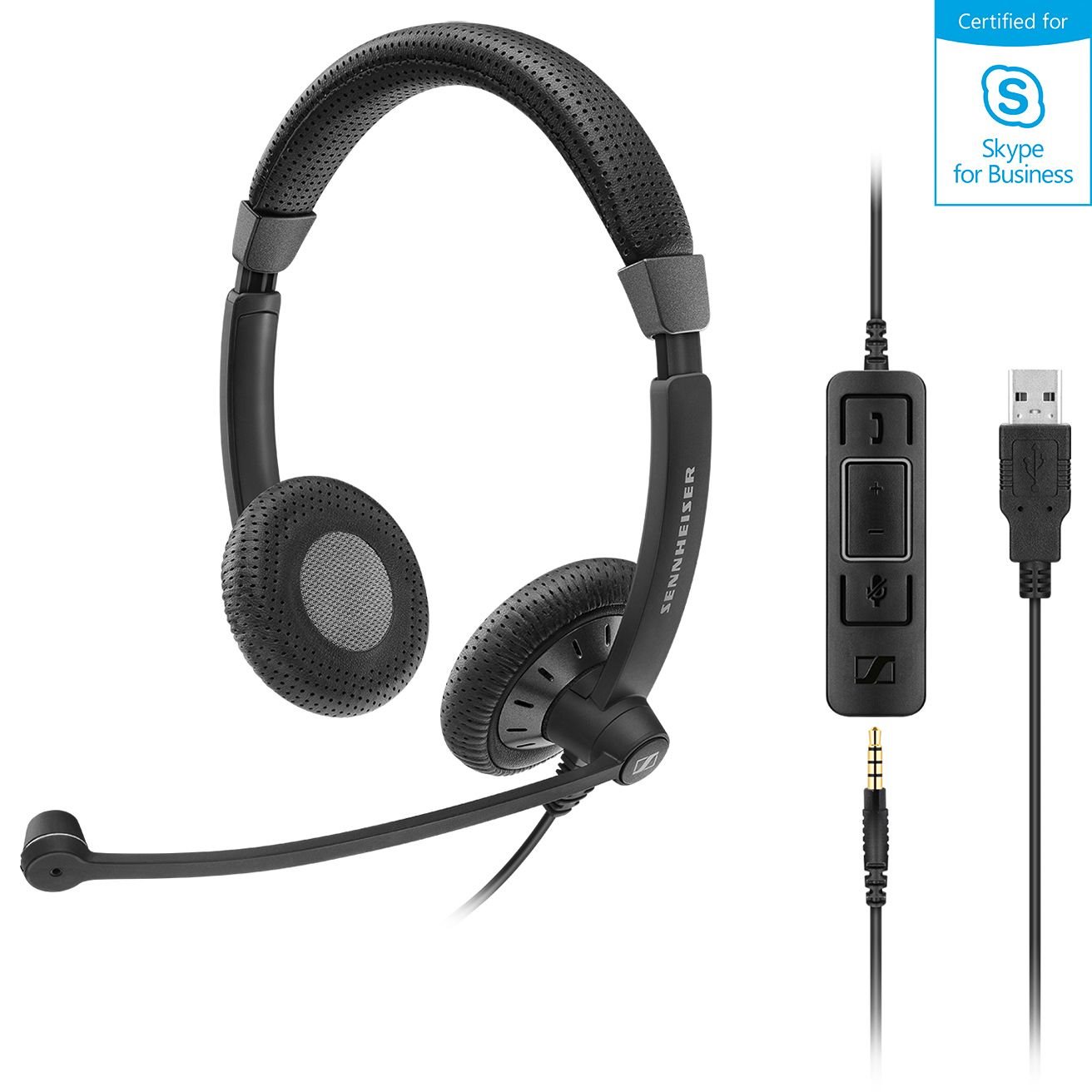 Stereo corded headset with 3.5 mm four-pole jack, plus detachable USB cable with call control. Noise cancel mic, Wideband sound, flexible boom mic, lightweight padded headband