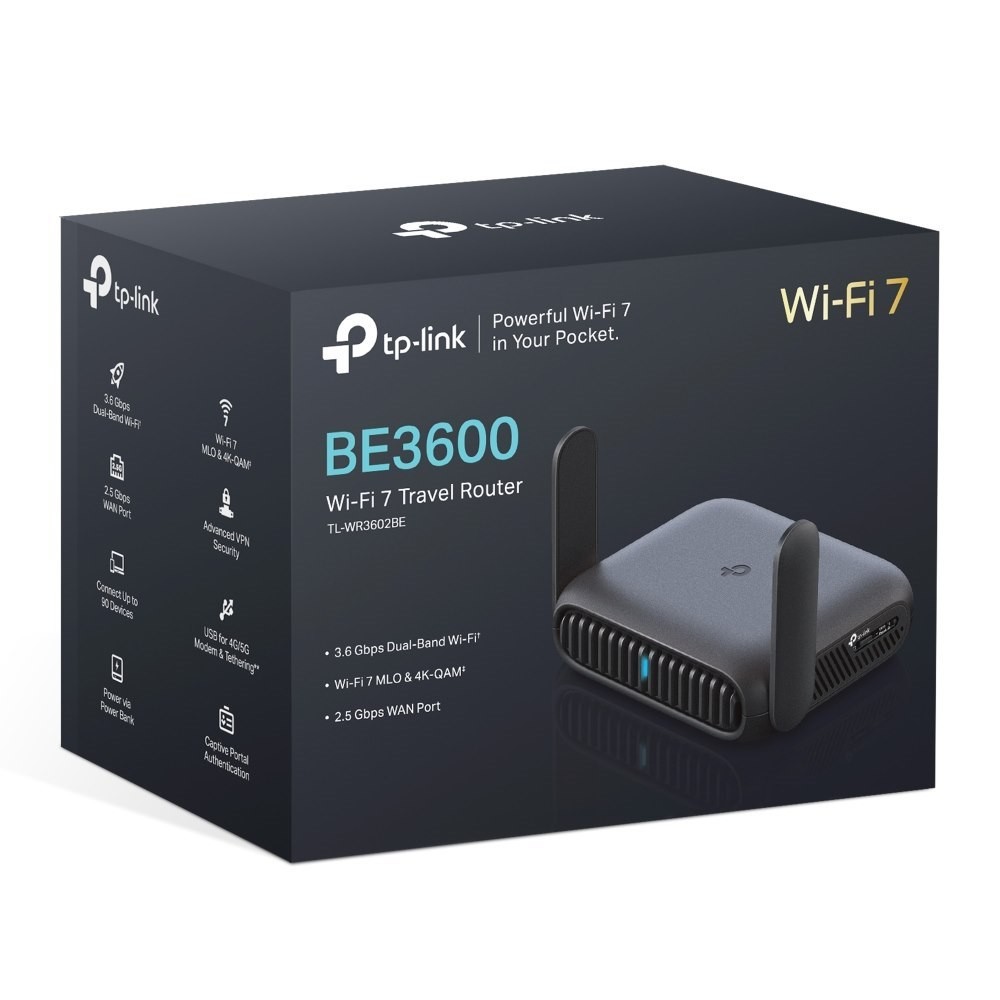 Tp-Link Be3600 Wi-Fi 7 Gigabit Portable Travel Router, 2.5G Wan(1), GbE Lan(1), 3YR