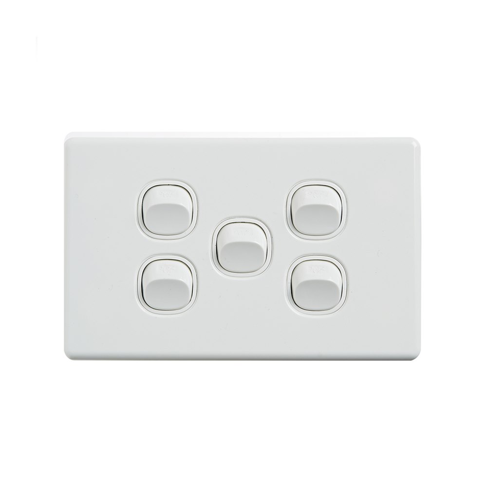 4Cabling 4C | Elegant Wall Switch 5 Gang 250V 16A - Horizontal - 10 Pack With 10 Free C-Clips
