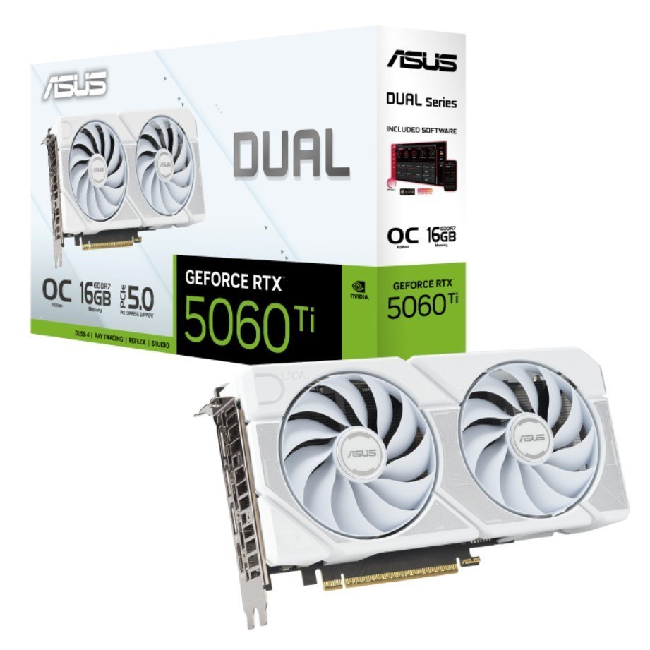 Asus nVidia GeForce Dual-Rtx5060ti-O16g-White RTX 5060 Ti 16GB GDDR7 White Oc Edition 2602MHz Boost Clock, Ram 28Gbps, 767Ai TOPs, Digital Max Resolut