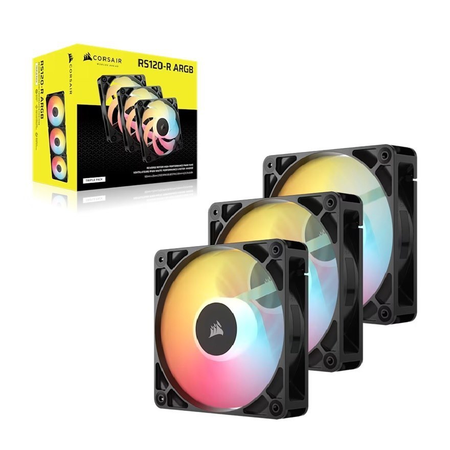 Corsair RS120-R Argb 120MM PWM Reverse Fans Triple Pack - Black, 3X RGB Fans, 2100 RPM, 65.82 CFM, Static Pressure, Magnetic Dome Bearing, PWM Control