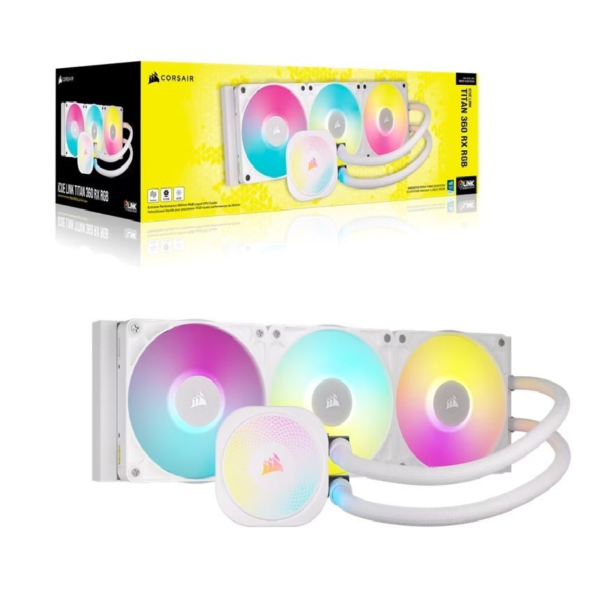 Corsair Icue Link Titan 360 RX RGB Aio Liquid Cpu Cooler - White: 73.5 CFM, 2100 RPM, Aluminum Radiator, Copper Cold Plate, Intel/AMD Support
