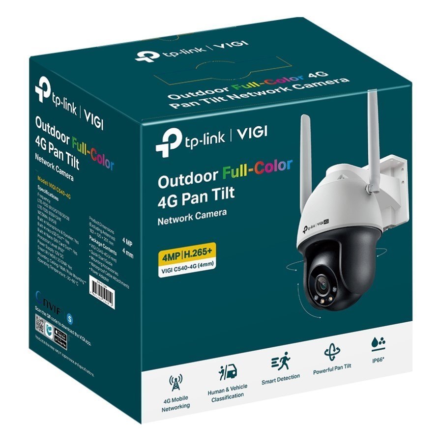 TP-Link Vigi 4MP C540-4G(4mm) Outdoor Full-Color 4G Pan Tilt Network Camera, 4MM Lens, 4G Mobile Networking, Automatic Tracking, 360° Monitoring: