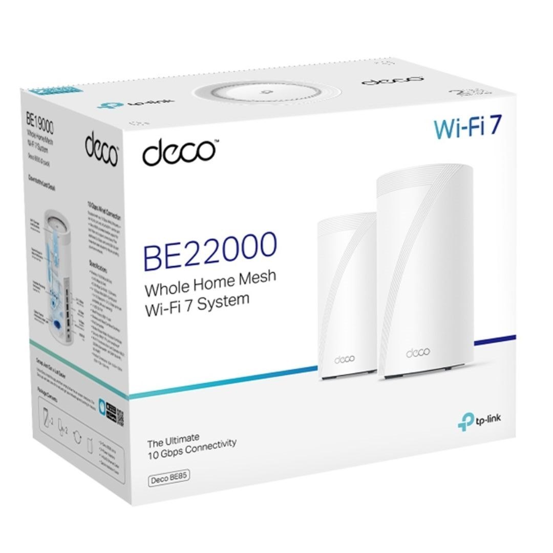 TP-Link Deco BE85(2-pack) Be22000 Tri-Band Whole Home Mesh Wi-Fi 7 System (WiFI7), 1376 MBPS At 2.4 GHz + 8640 MBPS At 5 GHz + 11520 MBPS At 6 GHz