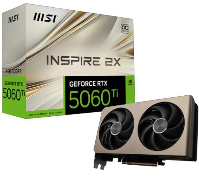Msi nVidia GeForce RTX™ 5060 Ti 8G Inspire 2X Oc, Pci Express® Gen 5 X 16, Boost: 2617 MHz, Cuda 4608 Units, 8GB GDDR7, Hdmi™ X 1