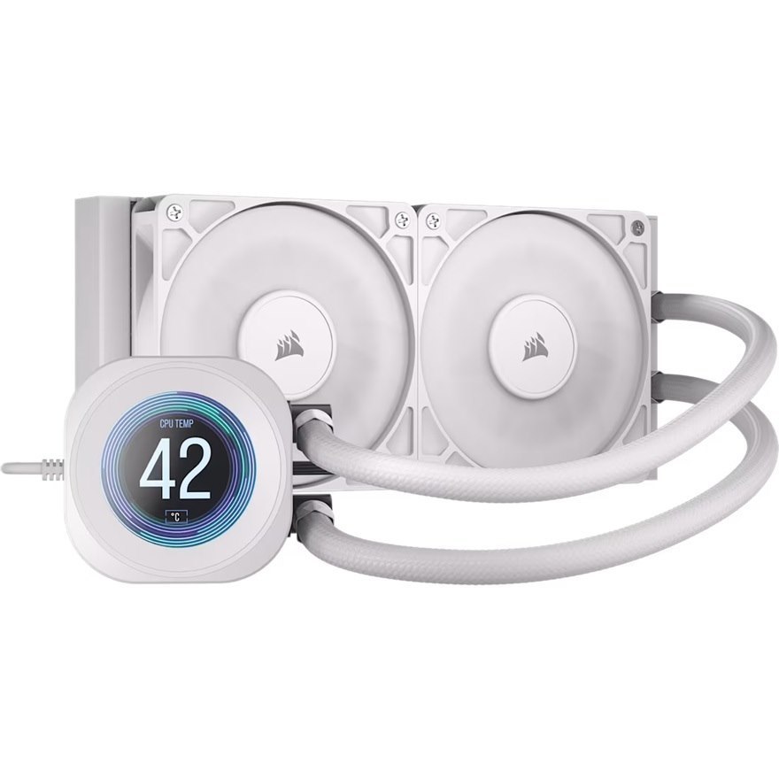 Corsair Nautilus 240 RS LCD Liquid Cpu Cooler - White, 240MM Rad, LCD Pump, 2X PWM Fans, 2100 RPM, Am5/Lga1851, Copper Plate, 400MM Tube, 36dBA