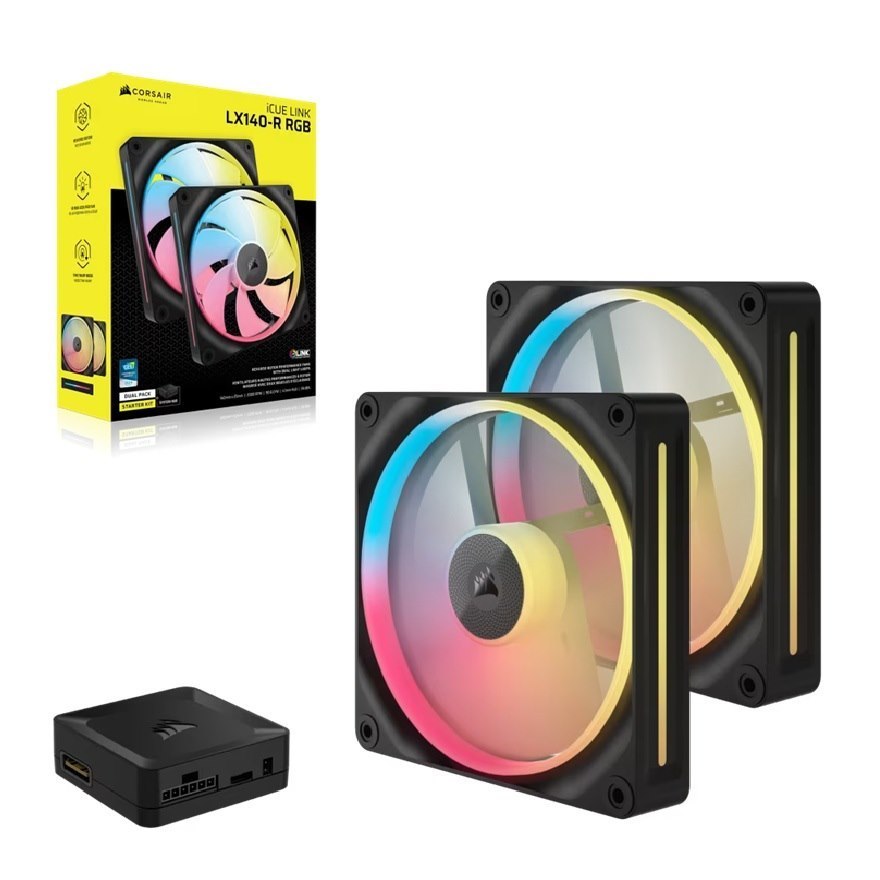 Corsair Icue Link LX140-R RGB 140MM PWM Reverse Fans Starter Kit Dual Pack -Black: 90.6 CFM, 2000 RPM, 38.3 Dba, 0.45A, Static Pressure, Magnetic Dome