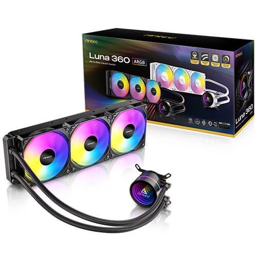 Antec Luna 360 Argb Black, 360MM Aio, 3X120MM Argb PWM Fans, 800-1800RPM, 67.62CFM, Intel Lga1700/1851, Amd Am4/Am5, 2Y Warranty