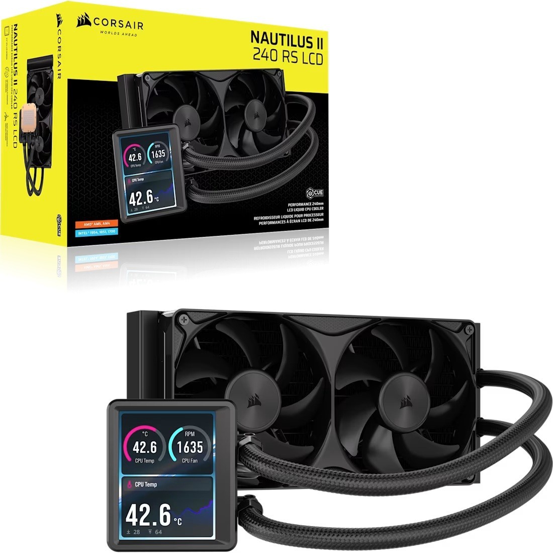 Corsair Nautilus Ii 240 RS LCD Liquid Cpu Cooler - Black, 240MM, 3.5' LCD, FlowDrive 2S Pump, 420–2100 RPM, PWM, Am5/Am4 And Lga 1851/1700 Support