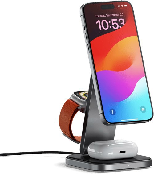 Satechi 3-In-1 Foldable Qi2 Wireless Charging Stand Svart