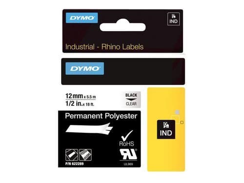 Dymo Tape RhinoPRO Permanent Polyester 12MM Svart/Transparent