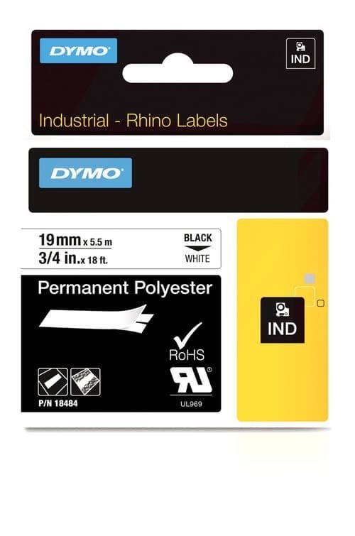 Dymo Tape RhinoPRO Permanent Polyester 19MM Svart/Vit