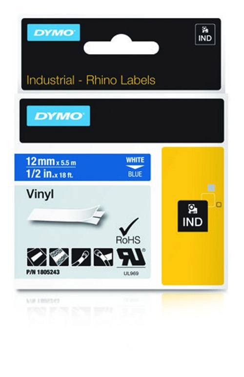 Dymo Tape RhinoPRO Permanent Vinyl 12MM Vit/Blå