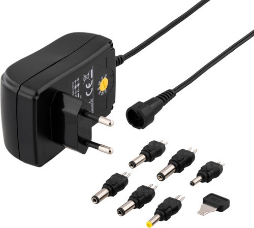 Deltaco Nätadapter 110-240V Till 3-12V DC, 1,5A, Utbytbara Kontakter, Usb, Svart Svart
