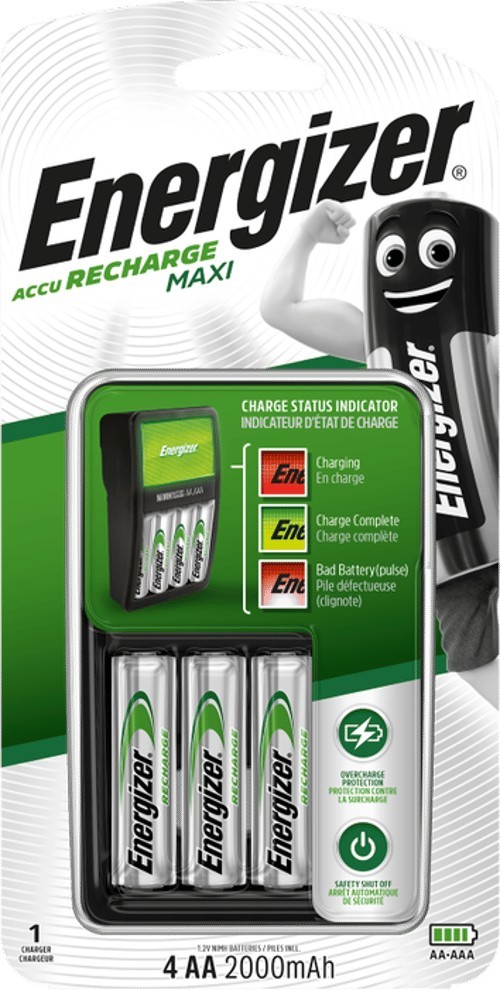 Energizer Maxi Laddare + 4xAA 2000mAh Batteri
