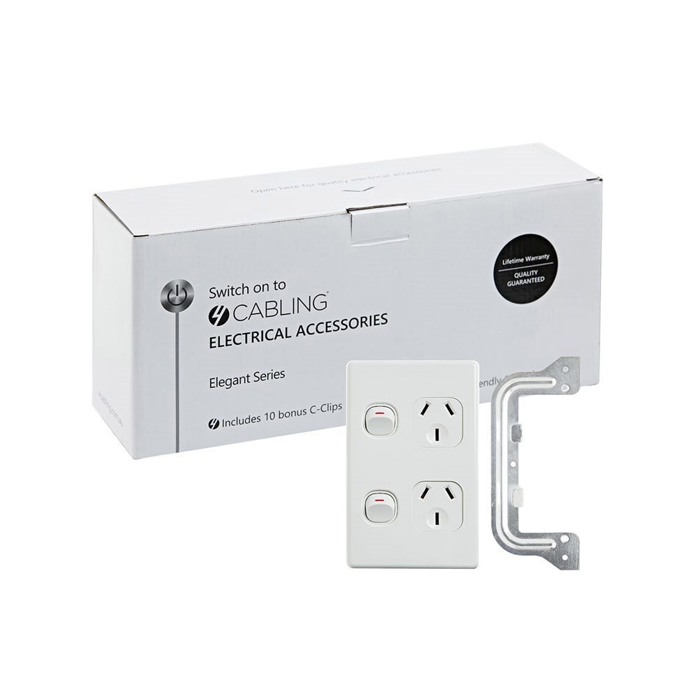 4Cabling 4C | Elegant Double Power Point 250V 10A | Vertical | 10 Pack With 10 Free C-Clips
