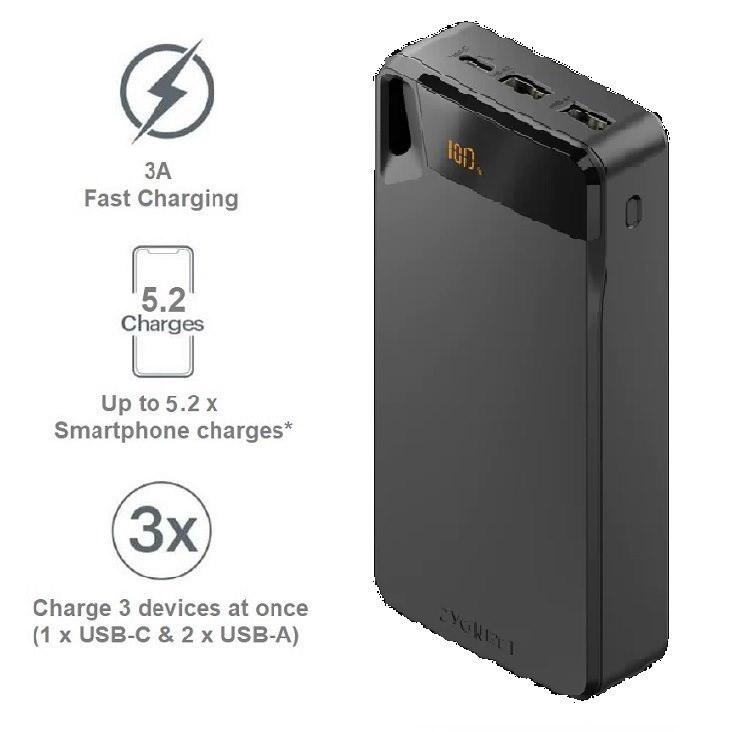 Cygnett ChargeUp Boost 4TH Gen 20K mAh Power Bank- Black(CY4751PBCHE)Triple Port(Dual Usb-A 15W+1xUSB-C 15W),15cm Usb-C Cable,15W Max,2 Years Warranty