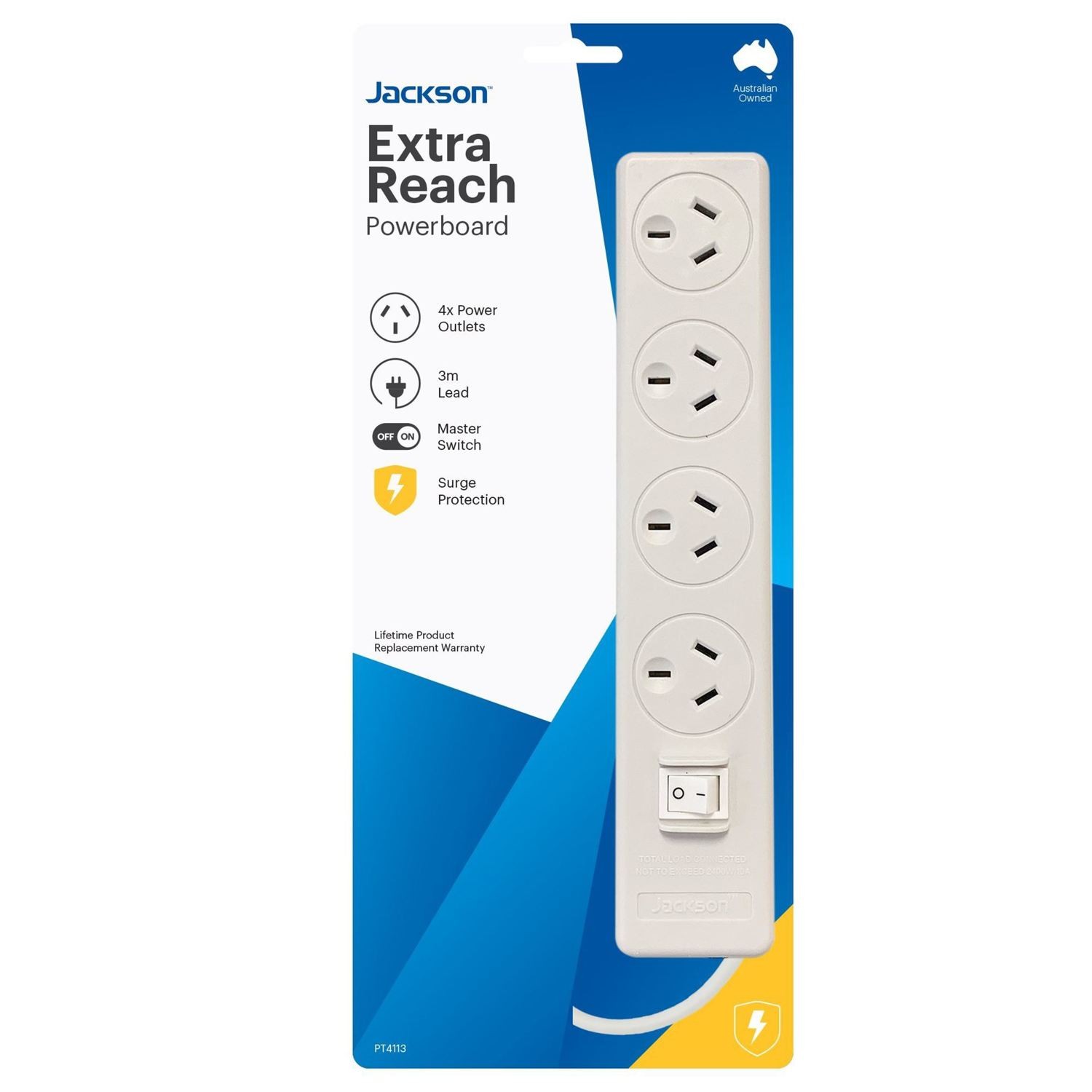 Jackson 4-Way Power Board With Surge & Overload Protection. 3M Power Cord