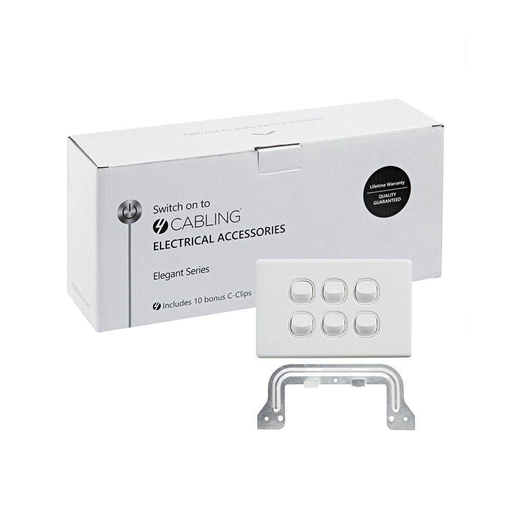 4Cabling 4C | Elegant Wall Switch 6 Gang 250V 16A - Horizontal - 10 Pack With 10 Free C-Clips