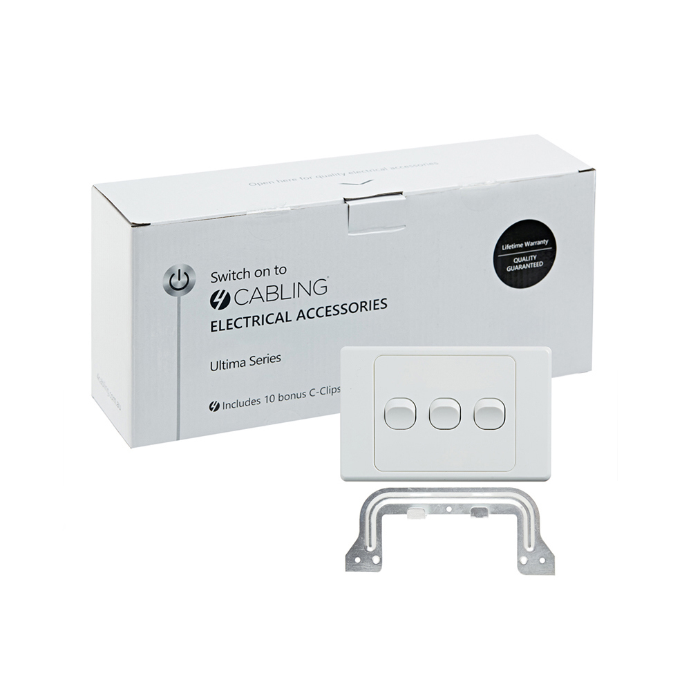 4Cabling 4C | Ultima 3 Gang Switch 250V 16Ax - Horizontal - 10 Pack With 10 Free C-Clips