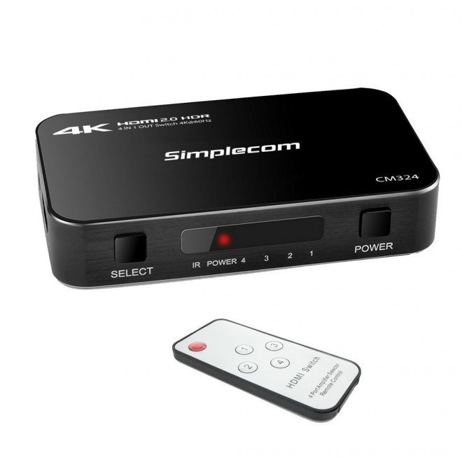 Simplecom (LS)Simplecom CM324 4 Way Hdmi 2.0 Switch 4 In 1 Out Ultra HD 4K 60Hz HDR HDCP 2.2
