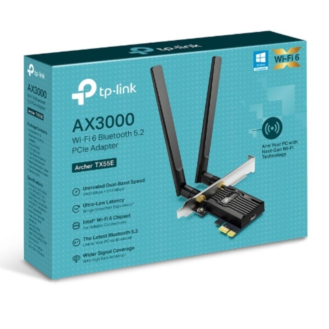 TP-Link Archer Tx55e Ax3000 Wi-Fi 6 Bluetooth 5.2 PCIe Adapter, 2402Mbps@5GHz, 574Mbps@2.4GHz