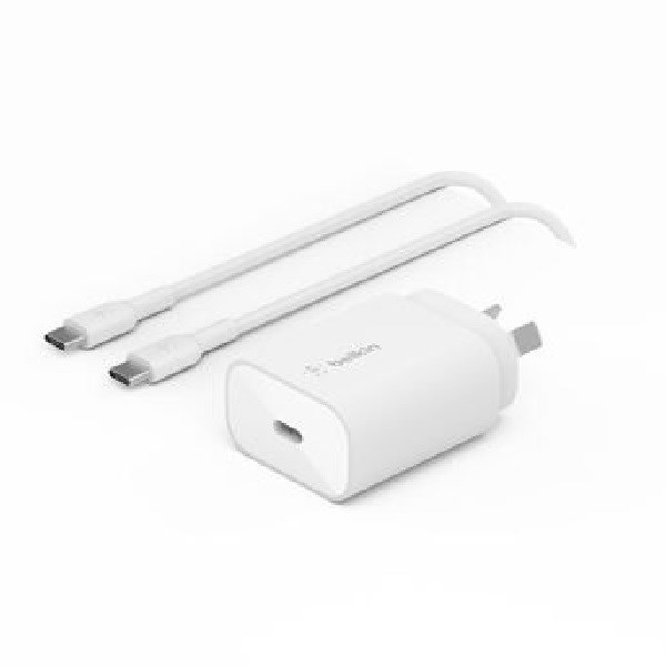 Belkin BoostCharge 25W Usb-C Cubic Wall Charger + Usb-C To Usb-C Cable (1M) - White (WCA012au1MWH-B6), MFI-Certified, Cew $2500, 2 Years Warranty
