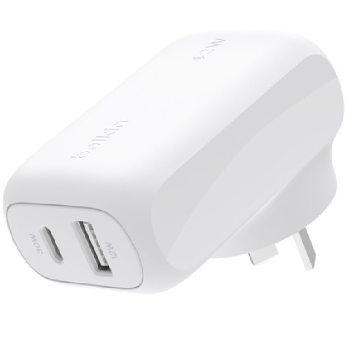 Belkin BoostCharge Dual Wall Charger 42W - White (WCB009auWH), Fast Charge, 1xUSB-C(30W), 1xUSB-A(12W), Travel Friendly, PPS & PD, Cew $2500, 2 Years