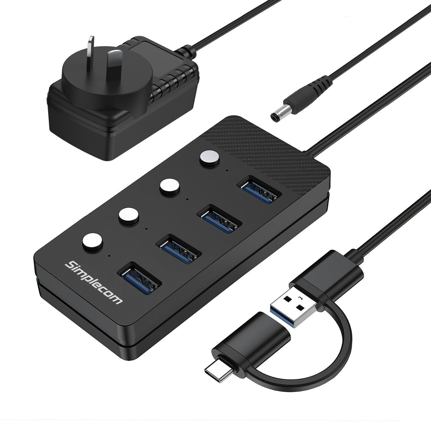 Simplecom CH345C SuperSpeed Usb-A And Usb-C To 4-Port Usb 3.0 Hub 5Gbps Individual Switches And Power Adapter