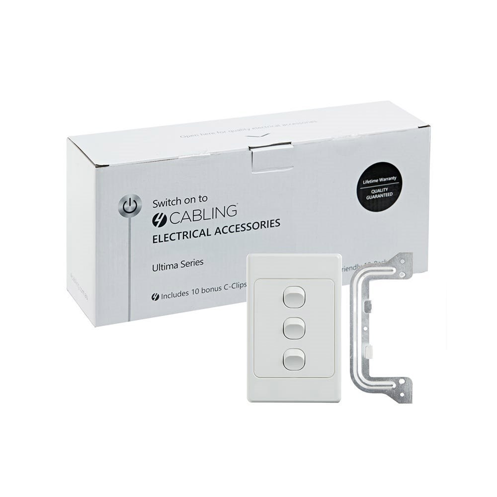 4Cabling 4C | Ultima 3 Gang Switch 250V 16Ax - Vertical - 10 Pack With 10 Free C-Clips