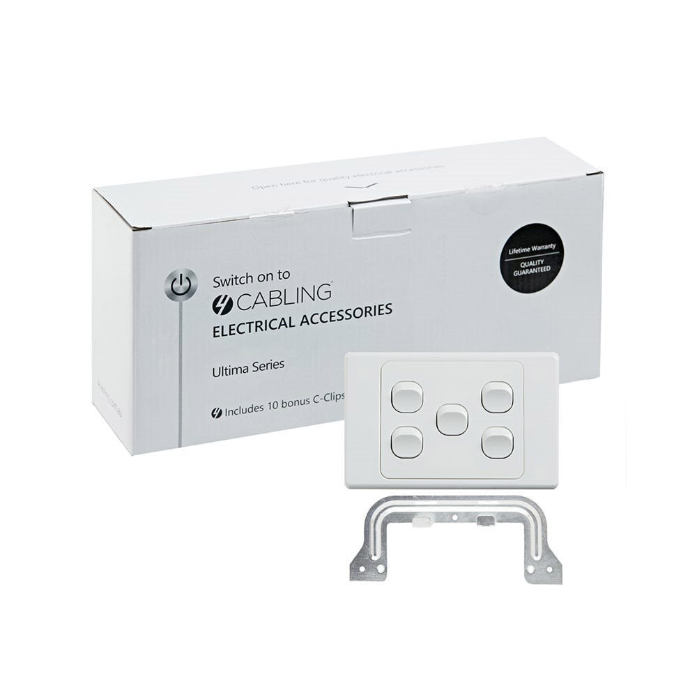 4Cabling 4C | Ultima 5 Gang Switch 250V 16Ax - Horizontal - 10 Pack With 10 Free C-Clips