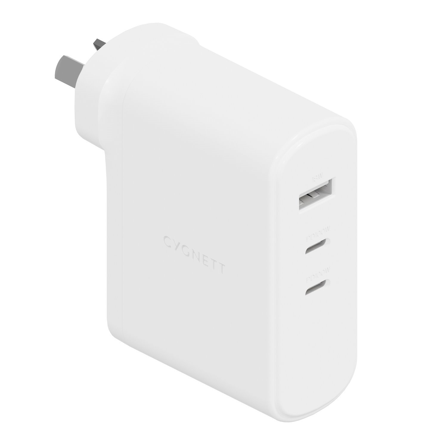 Cygnett PowerMaxx 100W Multiport GaN Wall Charger - White (CY4373PDWCH),1xUSB-A (18W),2xUSB-C PD (100W), Intelligent Power, Laptop Charger