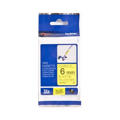 Brother TZ-FX611 Flexible Laminated Black Printing on Yellow Tape (6mm Width 8 M