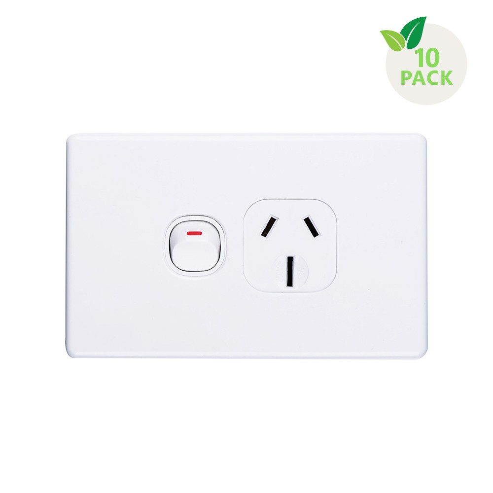 4C | Elegant Single Power Point 250V 15A | Horizontal | 10 Pack with 10 FREE C-Clips