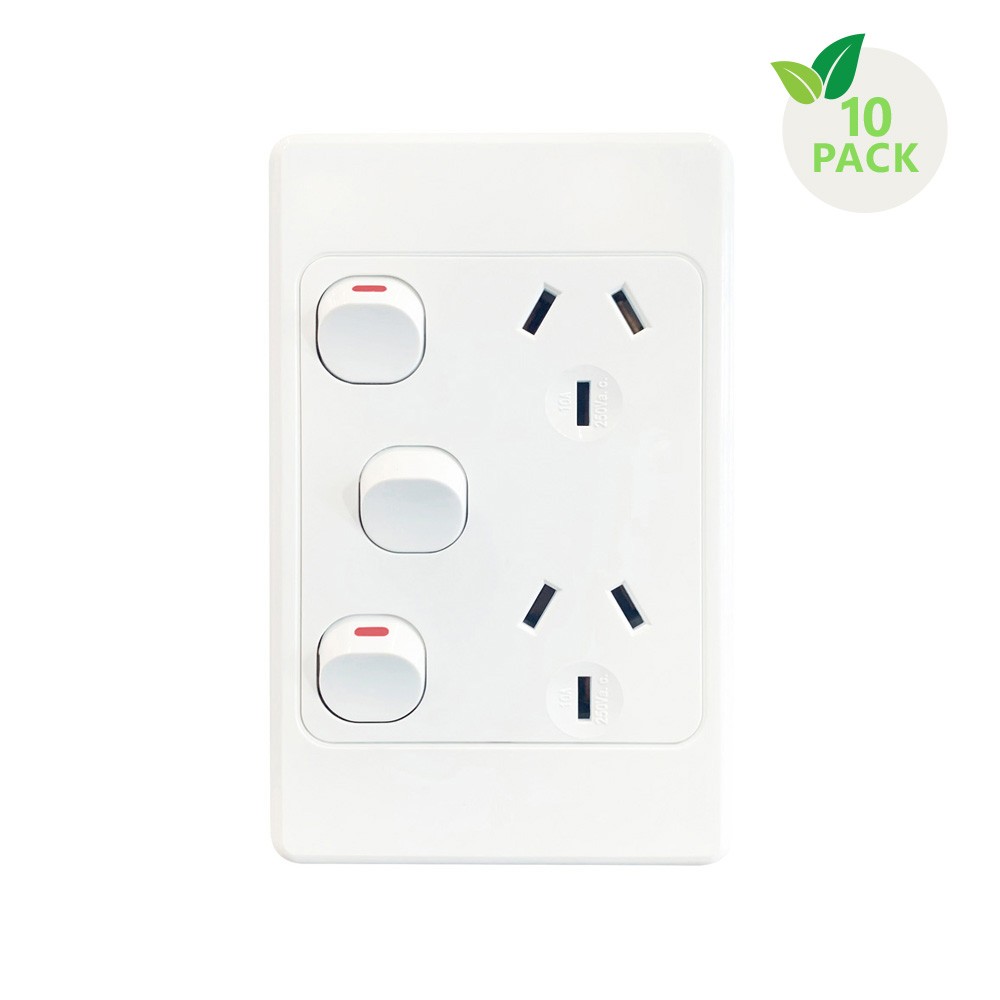 4C | Ultima Double Power Point 250V 10A with16AX Extra Switch - Vertical - 10 Pack with 10 FREE C-Clips