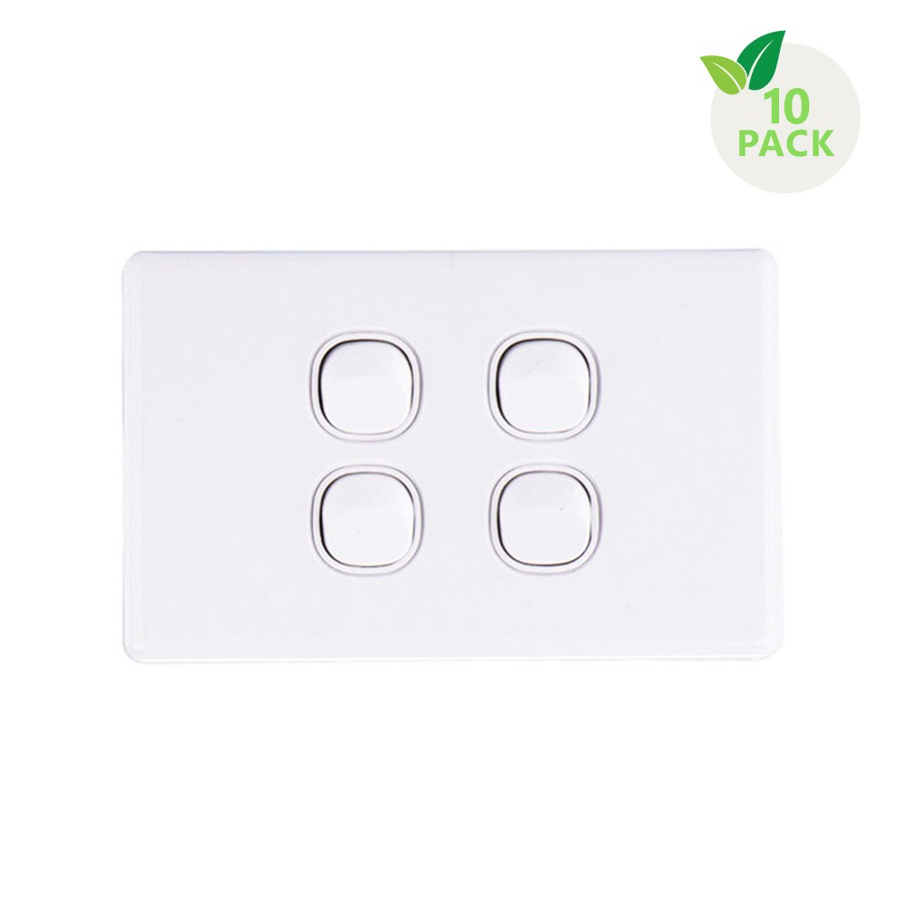 4C | Elegant Wall Switch 4 Gang 250V 16A | Horizontal | 10 Pack with 10 FREE C-Clips