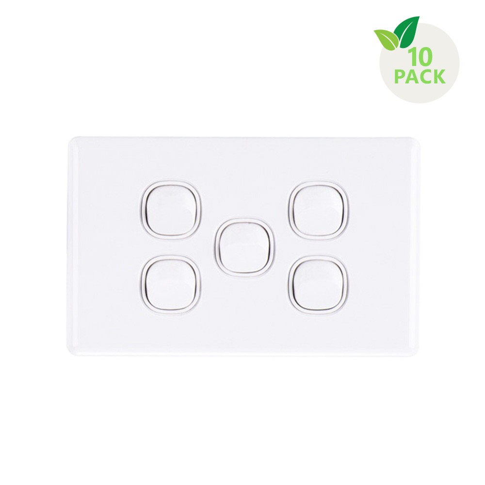 4C | Elegant Wall Switch 5 Gang 250V 16A - Horizontal - 10 Pack with 10 FREE C-Clips