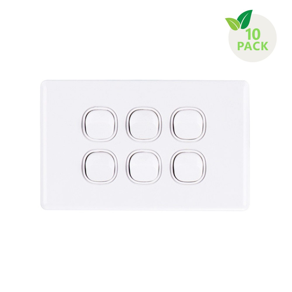 4C | Elegant Wall Switch 6 Gang 250V 16A - Horizontal - 10 Pack with 10 FREE C-Clips