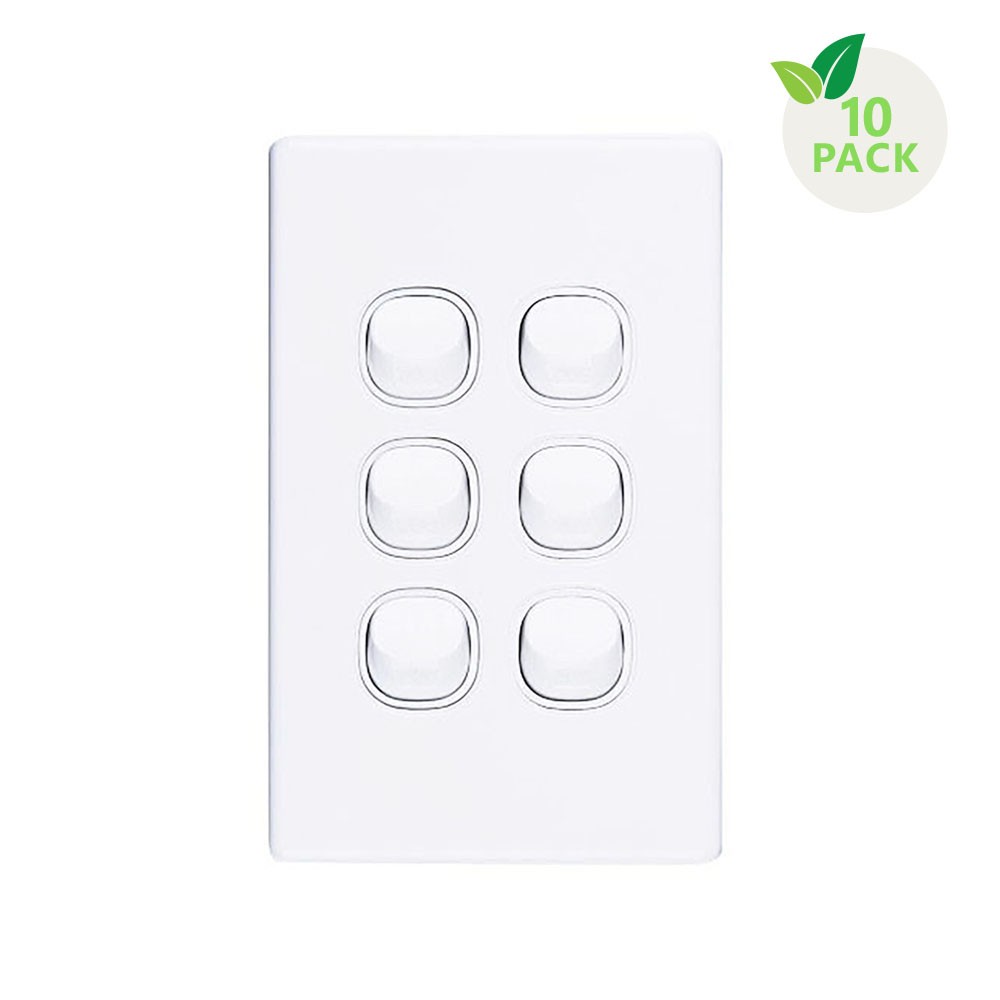 4C | Elegant Wall Switch 6 Gang 250V 16A - Vertical - 10 Pack with 10 FREE C-Clips