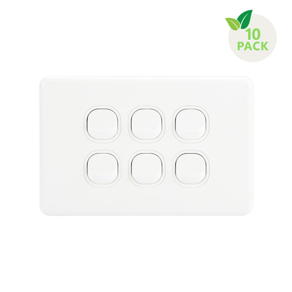 4C | Classic 6 Gang Switch 250V 16AX - Horizontal - 10 Pack with 10 FREE C-Clips