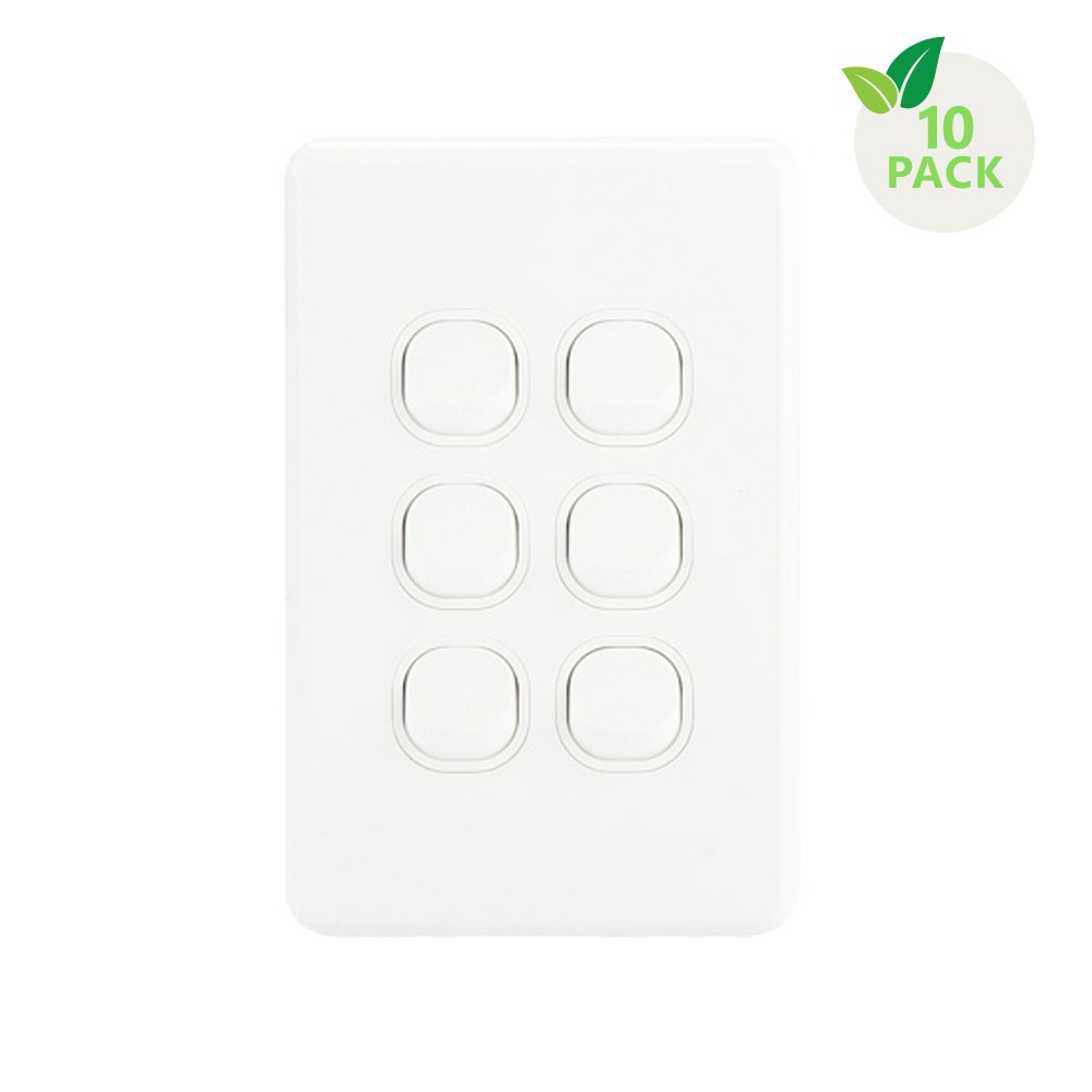 4C | Classic 6 Gang Switch 250V 16AX - Vertical - 10 Pack with 10 FREE C-Clips