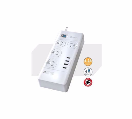 Sansai 4 Outlets & 4 USB Outlets Surge Protected Powerboard Master On/Off switch 1M lead & Right angle plug 230-240VAC IV Retail box