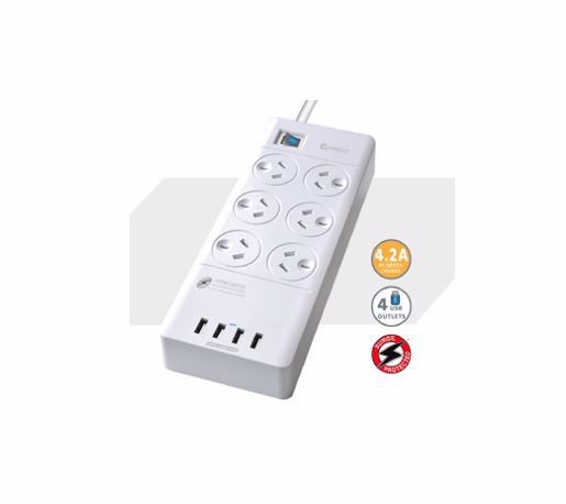 Sansai 6 Outlets & 4 USB Outlets Surge Protected Powerboard Master On/Off switch Surge and overload protected 230-240VAC IV Retail box
