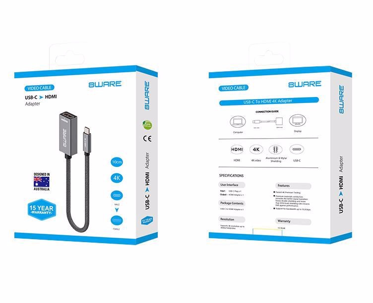 8ware 10cm USB-C to HDMI Male-Female Adapter Converter Cable Retail Pack for PC Laptop iPad MacBook Pro/Air Surface Dell XPS to Monitor Projector TV